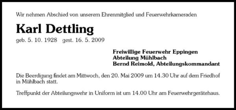  Traueranzeige für Karl Dettling vom 19.05.2009 aus 