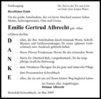 Traueranzeige von Emilie Gertrud Albrecht 