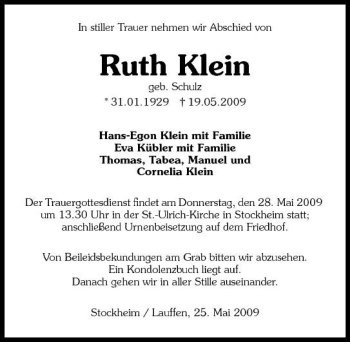 Traueranzeige von Ruth Klein 