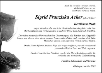 Traueranzeige von Sigrid Acker 