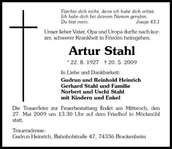 Traueranzeige von Artur Stahl 