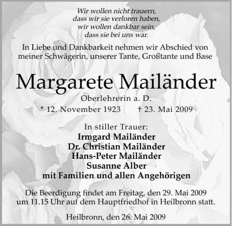  Traueranzeige für Margarete Mailänder vom 26.05.2009 aus 