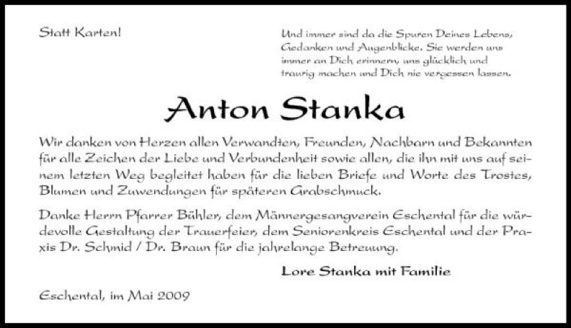  Traueranzeige für Anton Stanka vom 27.05.2009 aus 