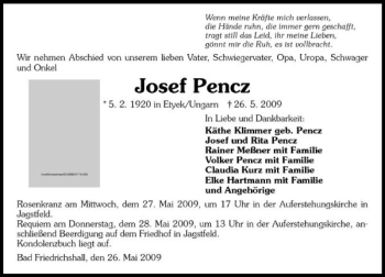 Traueranzeige von Josef Pencz 