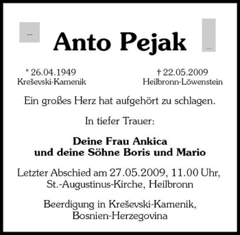 Traueranzeige von Anto Pejak 
