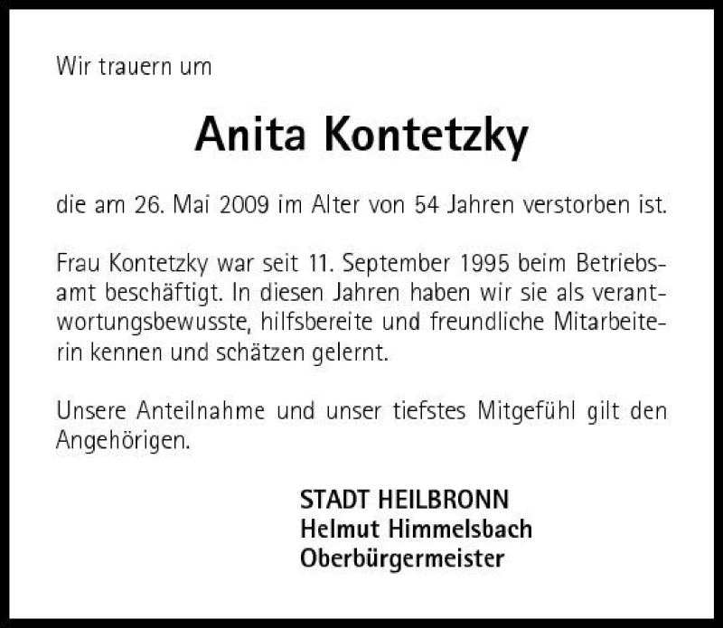  Traueranzeige für Anita Kontetzky vom 29.05.2009 aus 
