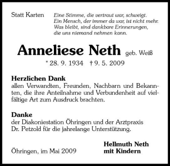 Traueranzeige von Anneliese Neth 