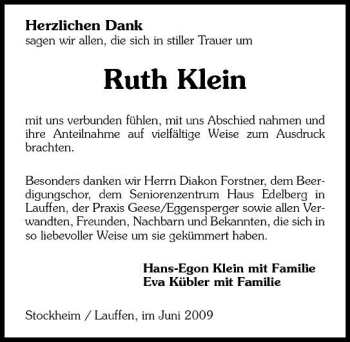 Traueranzeige von Ruth Klein 