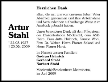 Traueranzeige von Artur Stahl 