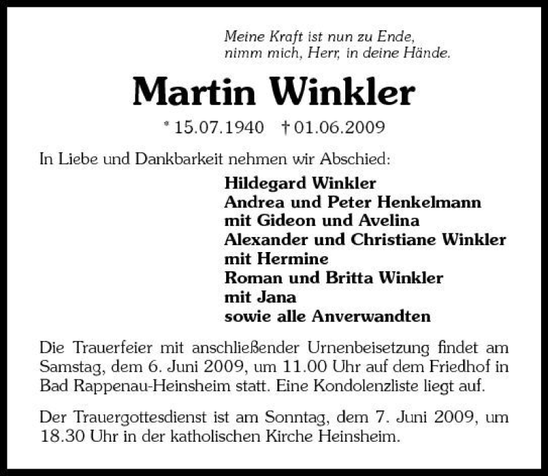  Traueranzeige für Martin Winkler vom 04.06.2009 aus 