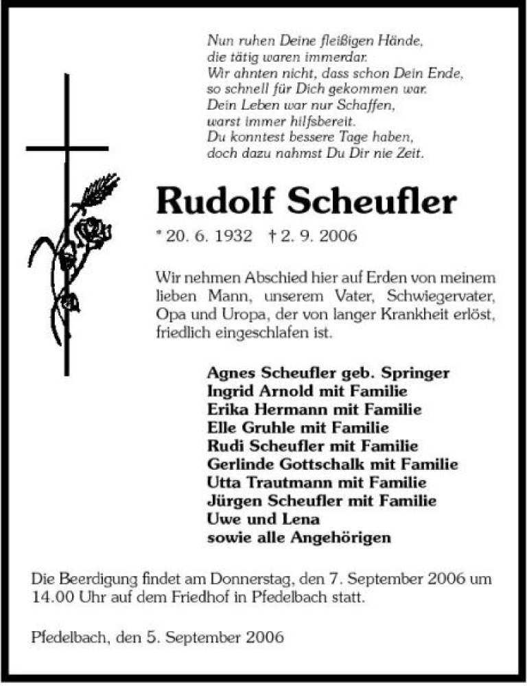  Traueranzeige für Rudolf Scheufler vom 05.09.2006 aus 