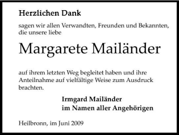 Traueranzeige von Margarete Mailänder 