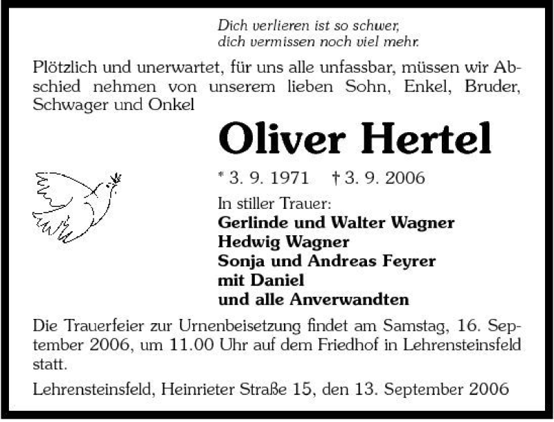  Traueranzeige für Oliver Hertel vom 14.09.2006 aus 