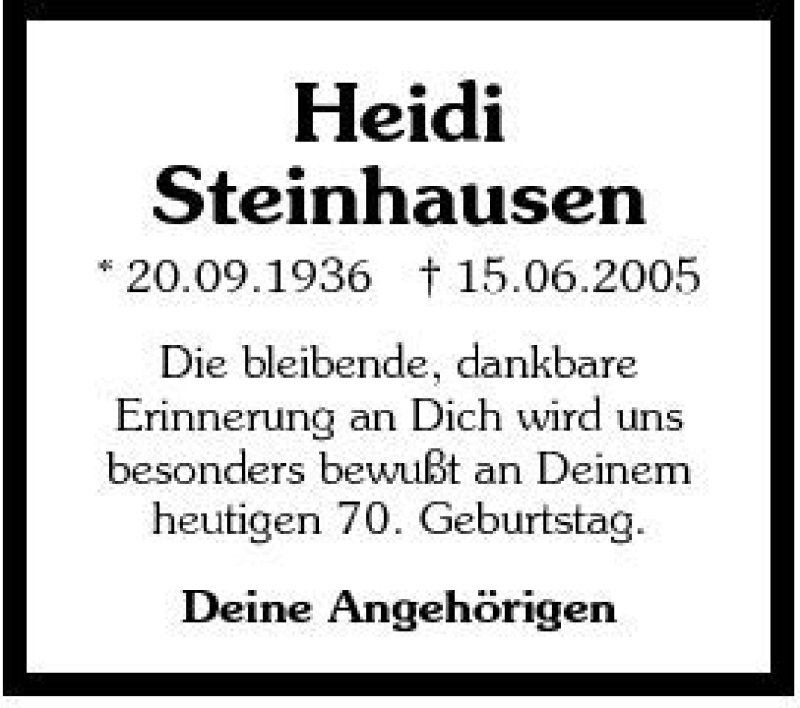  Traueranzeige für Heidi Steinhausen vom 20.09.2006 aus 