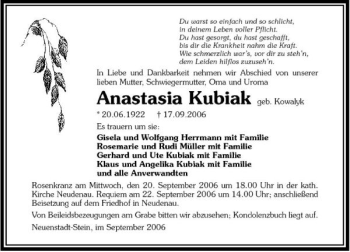 Traueranzeige von Anastasia Kubiak 