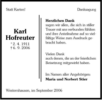 Traueranzeige von Karl Hofreuter 