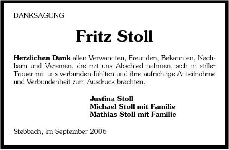  Traueranzeige für Fritz Stoll vom 30.09.2006 aus 