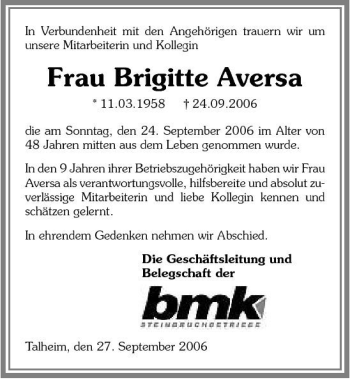 Traueranzeige von Brigitte Aversa 
