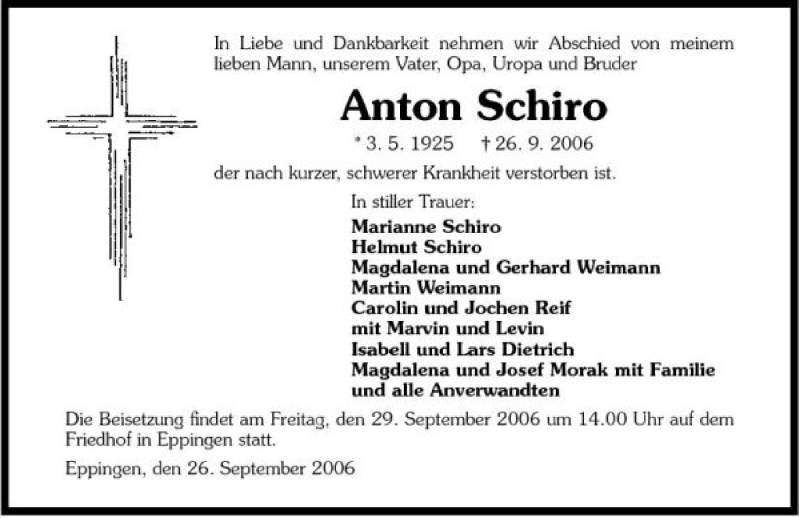  Traueranzeige für Anton Schiro vom 27.09.2006 aus 