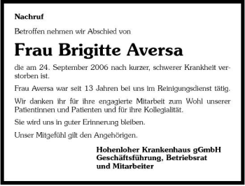 Traueranzeige von Brigitte Aversa 