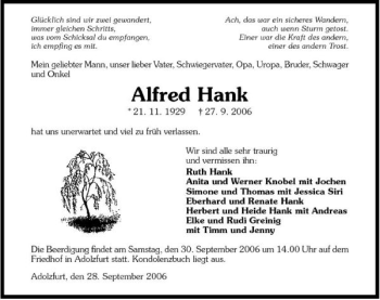 Traueranzeige von Alfresd Hank 