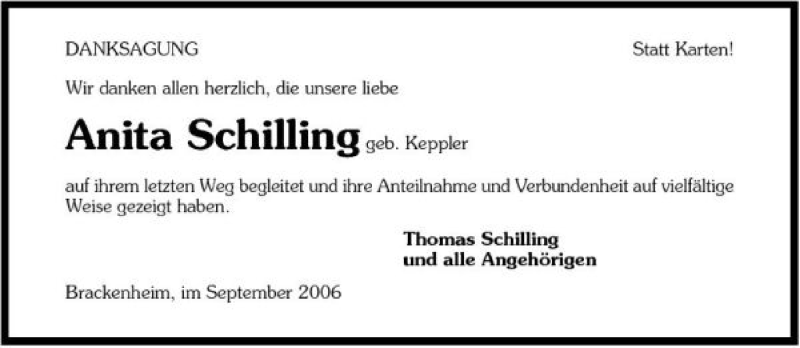  Traueranzeige für Anita Schilling vom 30.09.2006 aus 