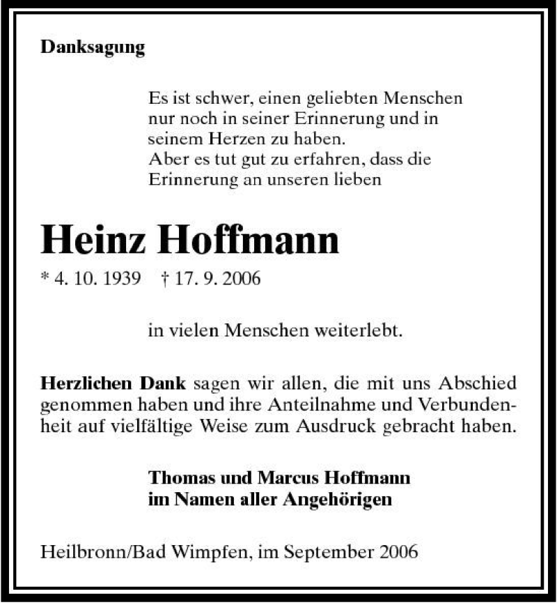  Traueranzeige für Heinz Hoffmann vom 30.09.2006 aus 