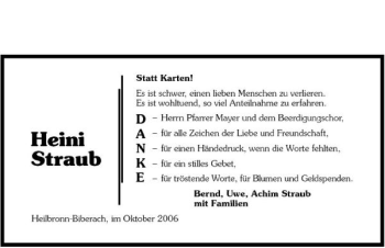 Traueranzeige von Heini Straub 