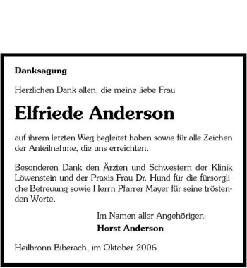 Traueranzeige von Elfriede Anderson 