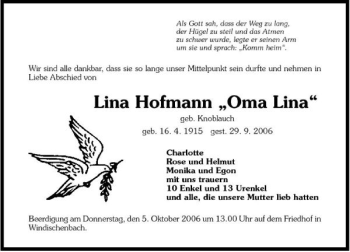 Traueranzeige von Lina Hofmann 