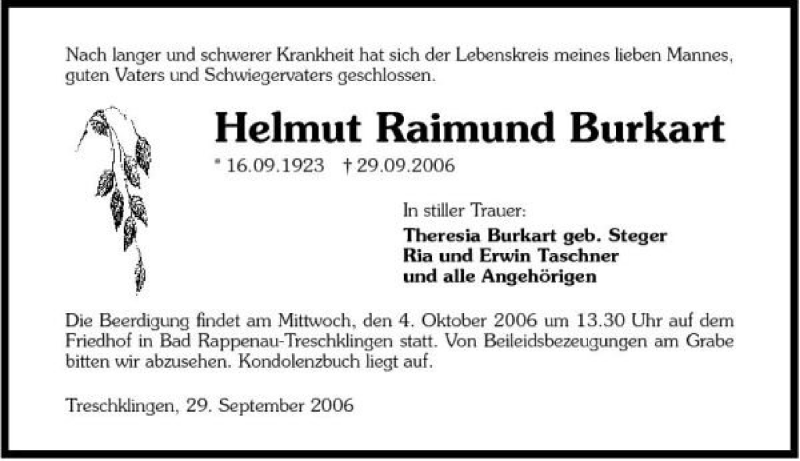  Traueranzeige für Helmut Raimund Burkart vom 02.10.2006 aus 