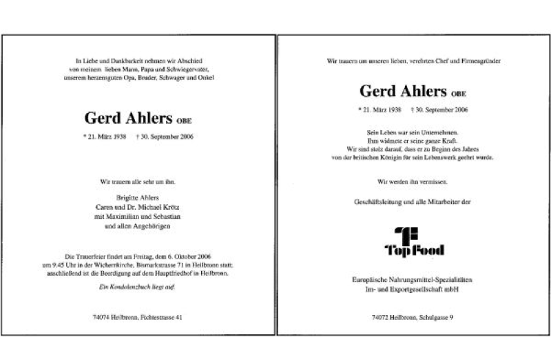  Traueranzeige für Gerd Ahlers vom 04.10.2006 aus 