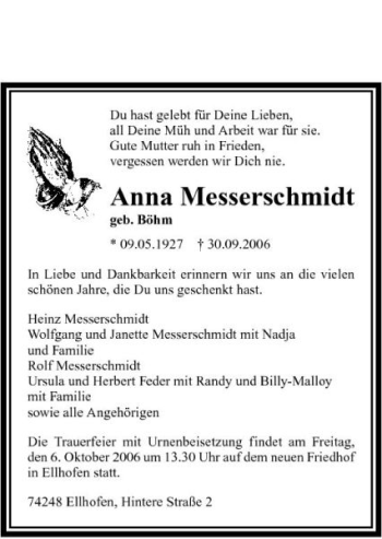 Traueranzeige von Anna Messerschmidt 