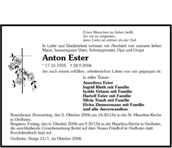 Traueranzeige von Anton Ester 
