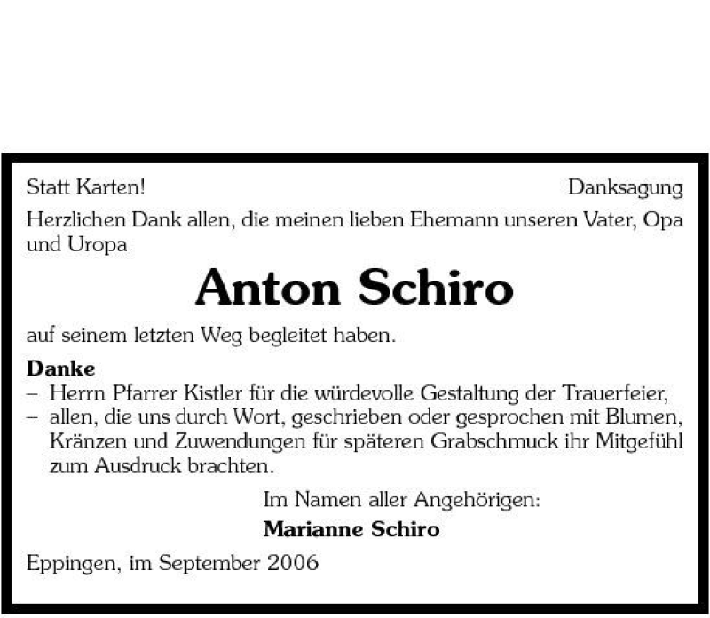  Traueranzeige für Anton Schiro vom 05.10.2006 aus 