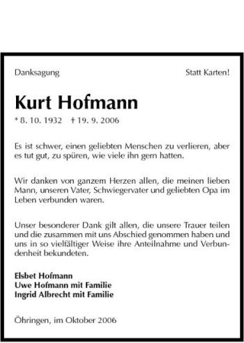 Traueranzeige von Kurt Hofmann 