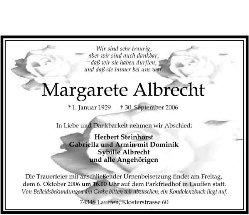  Traueranzeige für Margarete Albrecht vom 04.10.2006 aus 