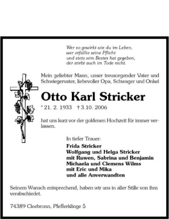 Traueranzeige von Otto Karl Stricker 