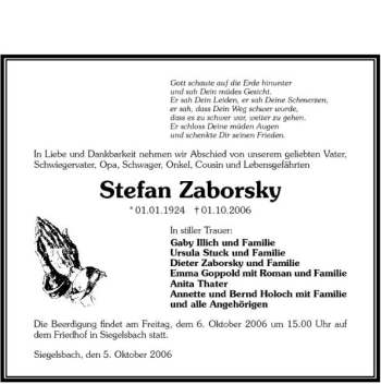 Traueranzeige von Stefan Zaborsky 