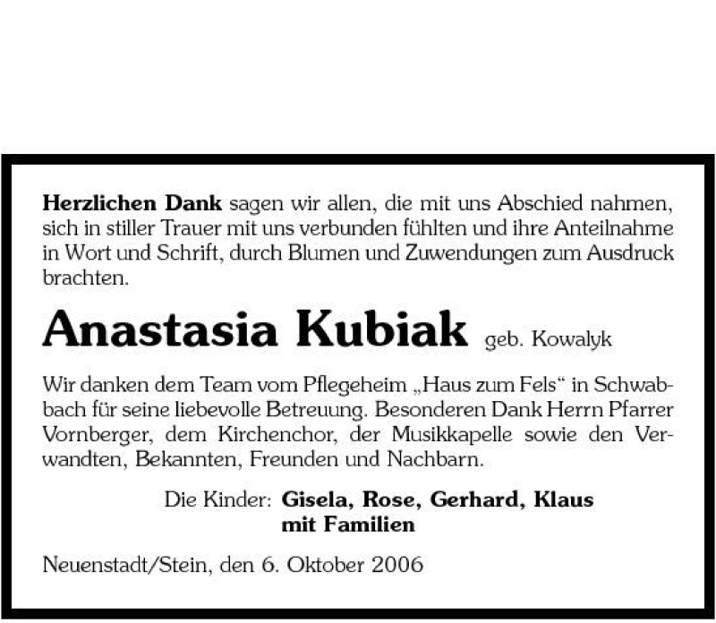  Traueranzeige für Anastasia Kubiak vom 06.10.2006 aus 