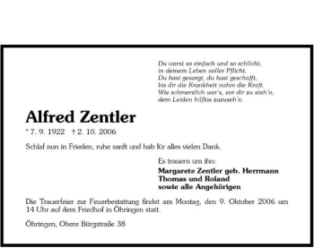 Traueranzeige von Alfred Zentler 