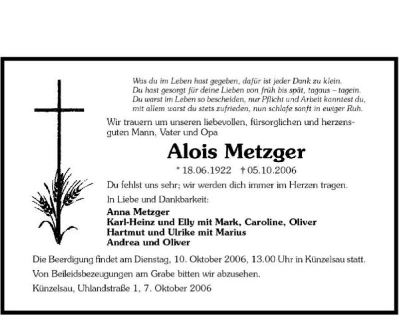  Traueranzeige für Alois Metzger vom 07.10.2006 aus 