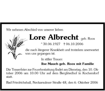 Traueranzeige von Lore Albrecht 