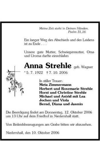 Traueranzeige von Anna Strehle 