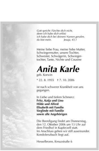 Traueranzeige von Anita Karle 