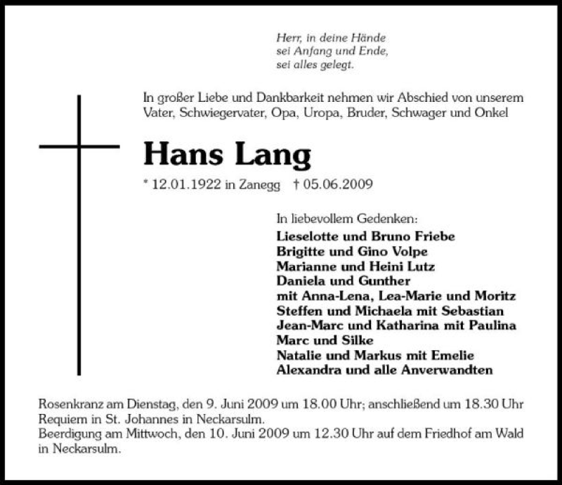  Traueranzeige für Hans Lang vom 09.06.2009 aus 