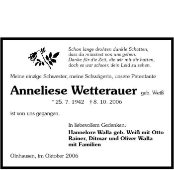 Traueranzeige von Anneliese Wetterauer 