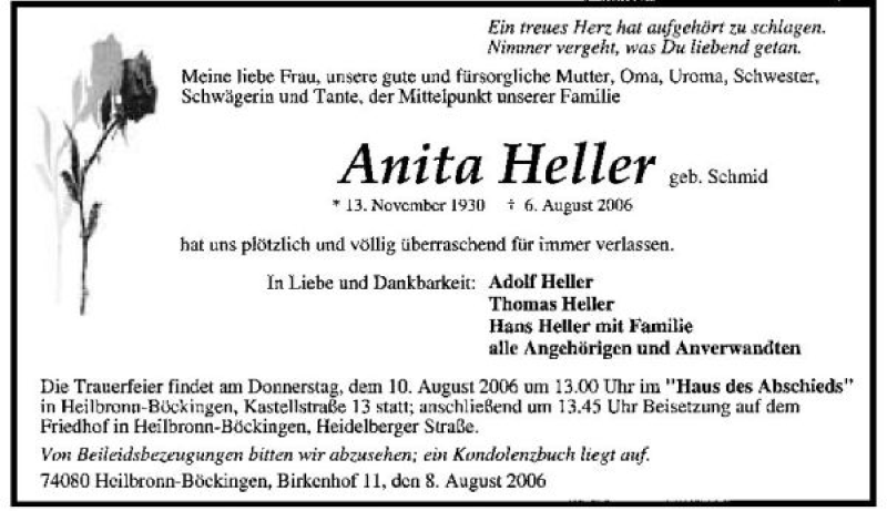  Traueranzeige für Anita Heller vom 08.08.2006 aus 