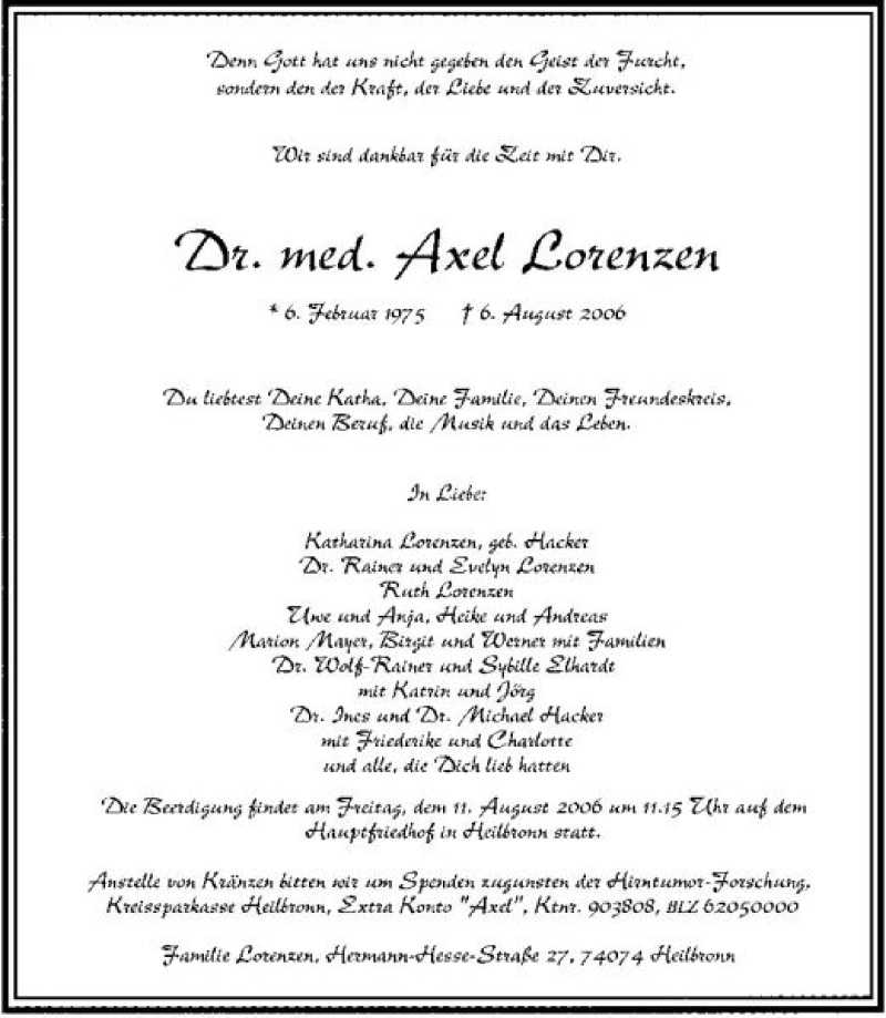  Traueranzeige für Dr. med Axel Lorenzen vom 08.08.2006 aus 