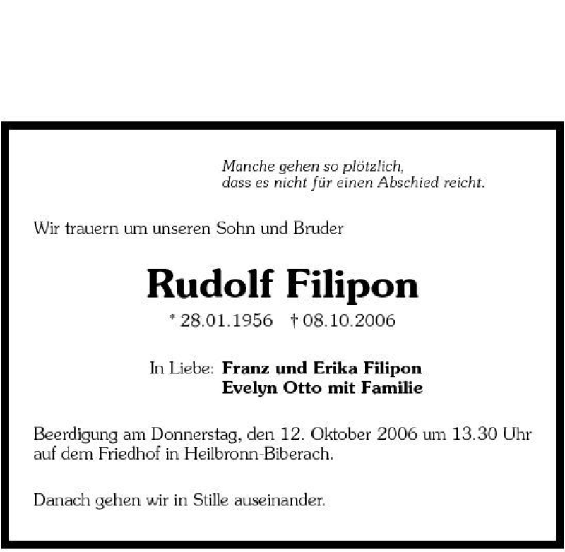  Traueranzeige für Rudolf Filipon vom 10.10.2006 aus 